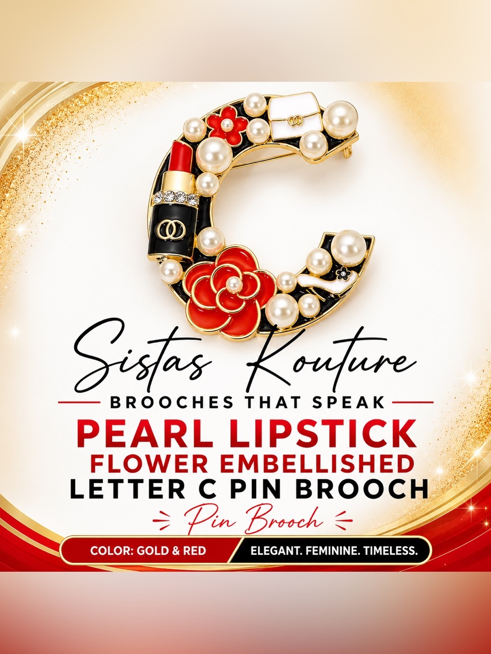 Red & Gold Pearl Lipstick Flower C Letter Pin Brooch